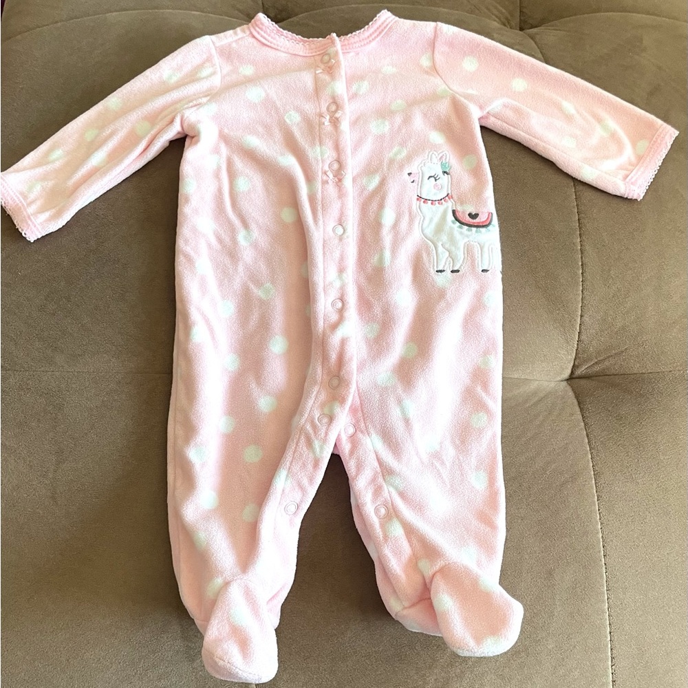 Baby Girl Infant 3 months pink polka dot llama one piece footie pajama fleece